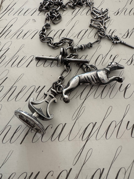 Sterling Silver Watch Chain with Dog and Seal