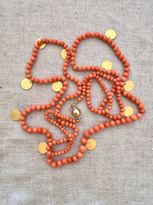82” Long Coral + 14k Gold Necklace