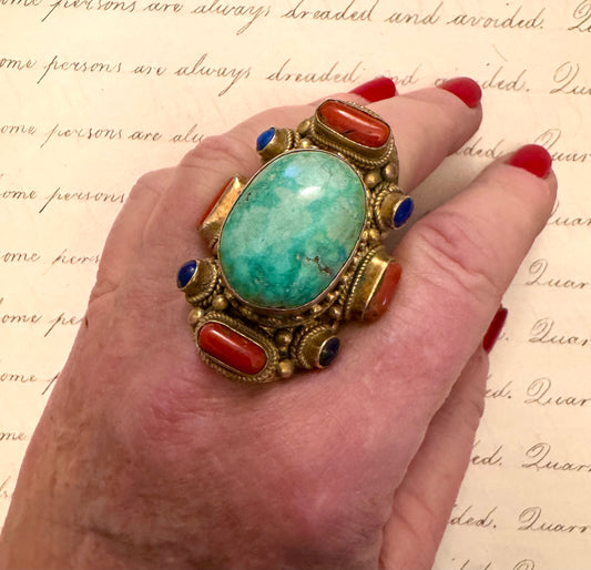 Enormous Vermeil Tibetan Turquoise Coral and Lapis Ring