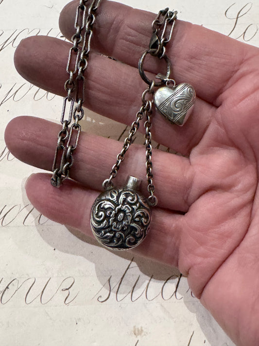 sweet Sterling silver chain with chased bottle and engraved miniature heart locket
