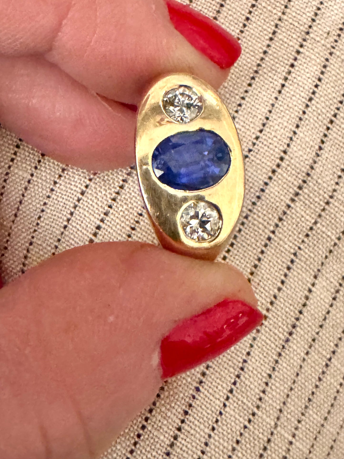 Vintage 18k Sapphire and Diamond Gypsy Ring with Flat Top