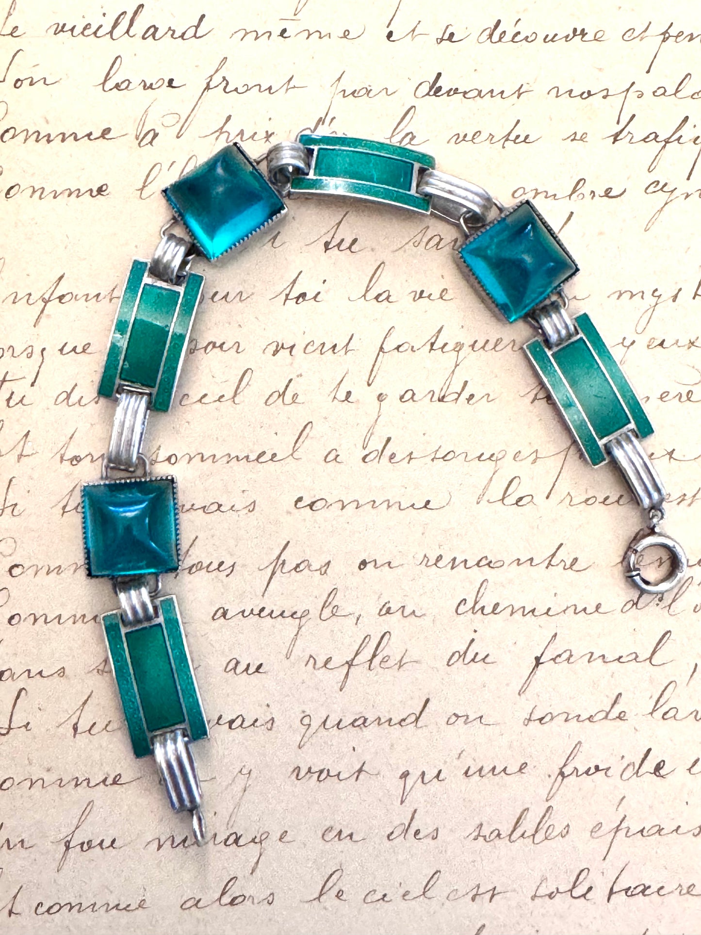 Sterling Deco Clear Green Glass and Enamel Bracelet