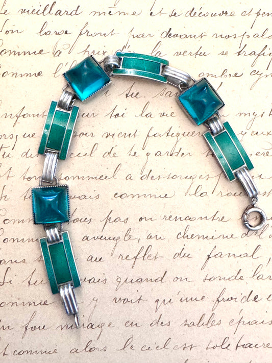 Sterling Deco Clear Green Glass and Enamel Bracelet