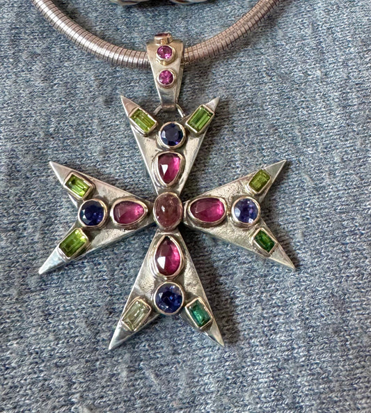 Gorgeous Vintage Sterling and 14k Gold Maltese Cross with Tourmalines