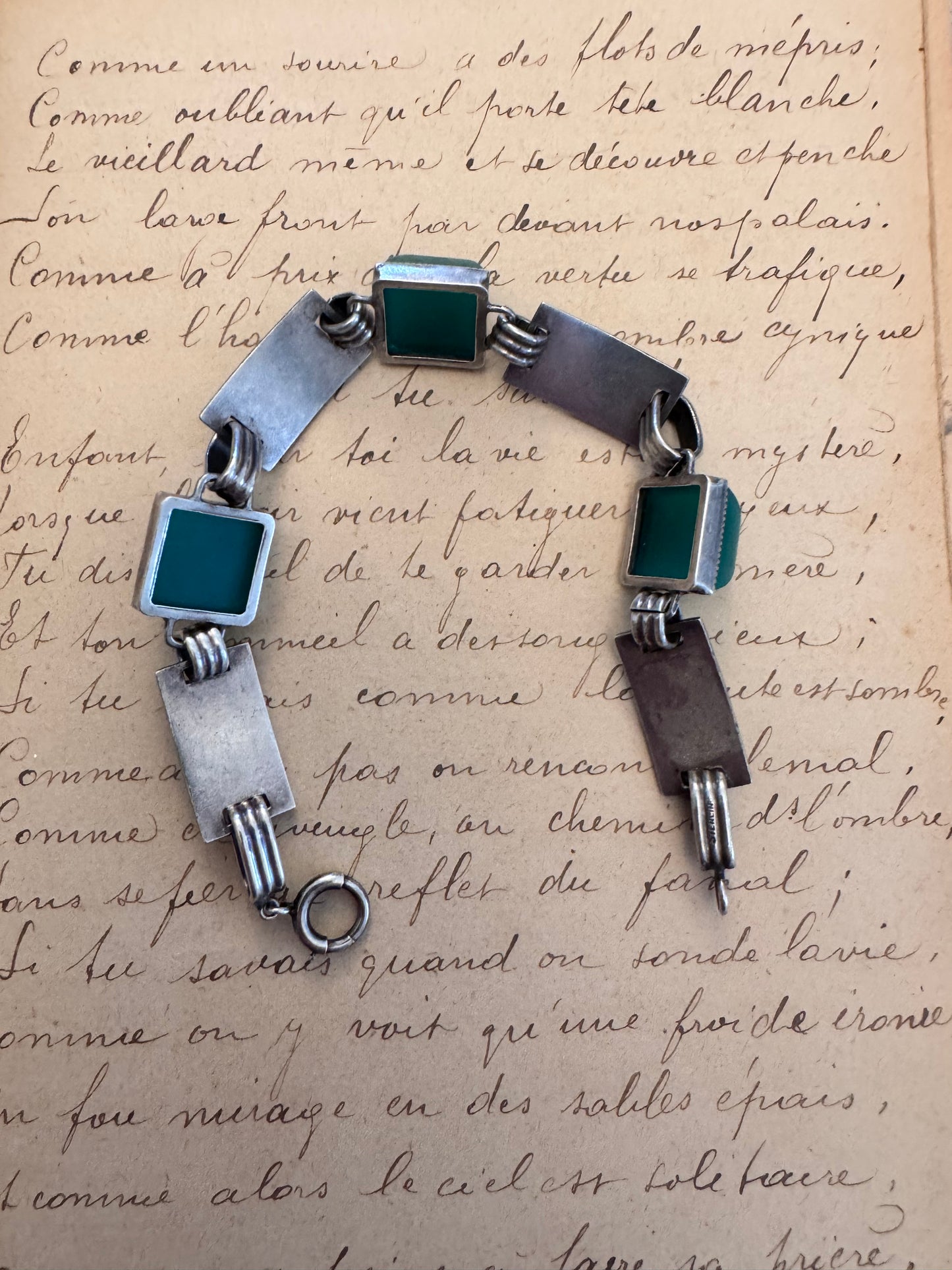 Sterling Deco Opaque Green Glass and Enamel Bracelet