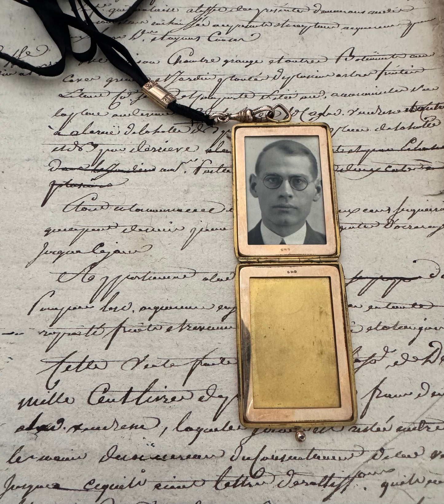 rectangular gold filled engraved Art Deco locket on original ribbon