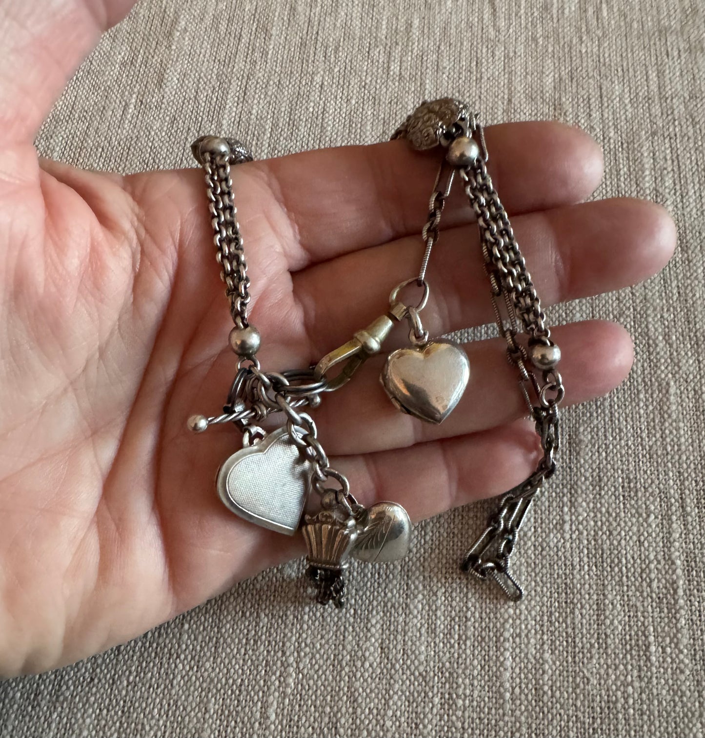 Beautiful Victorian Sterling Heart Watch Chain with 3 Heart Lockets and Charming Tassel