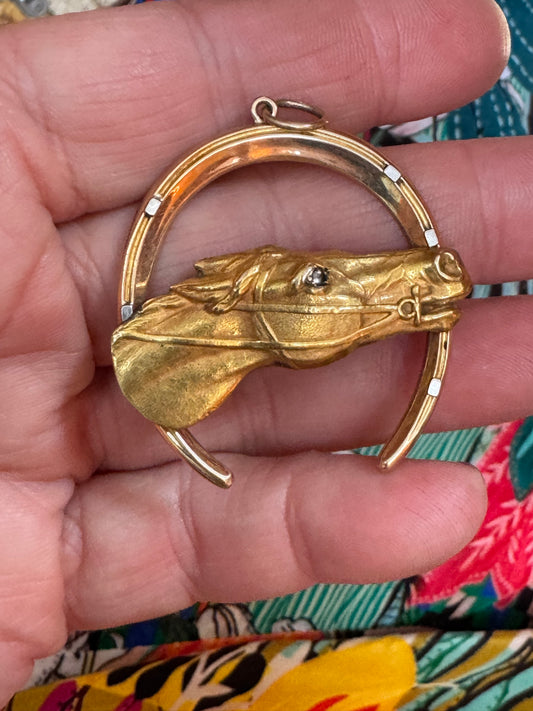14k Gold Horse and Horseshoe Pendant