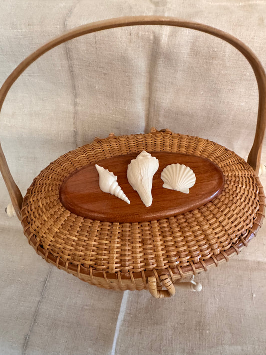 Large Oval Basket with Three Carved Shells