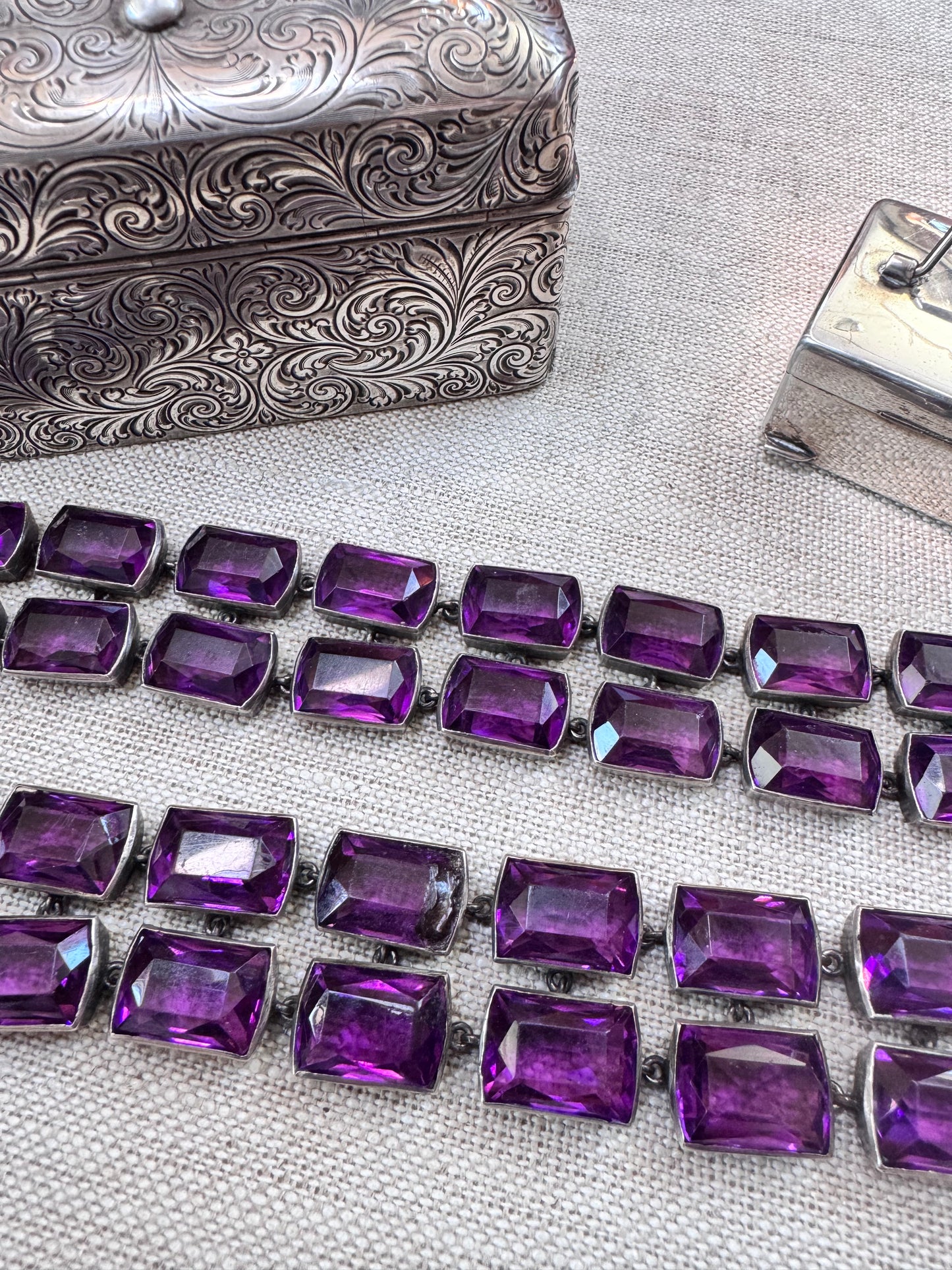 Two Deco Amethyst Glass and Sterling Bracelets