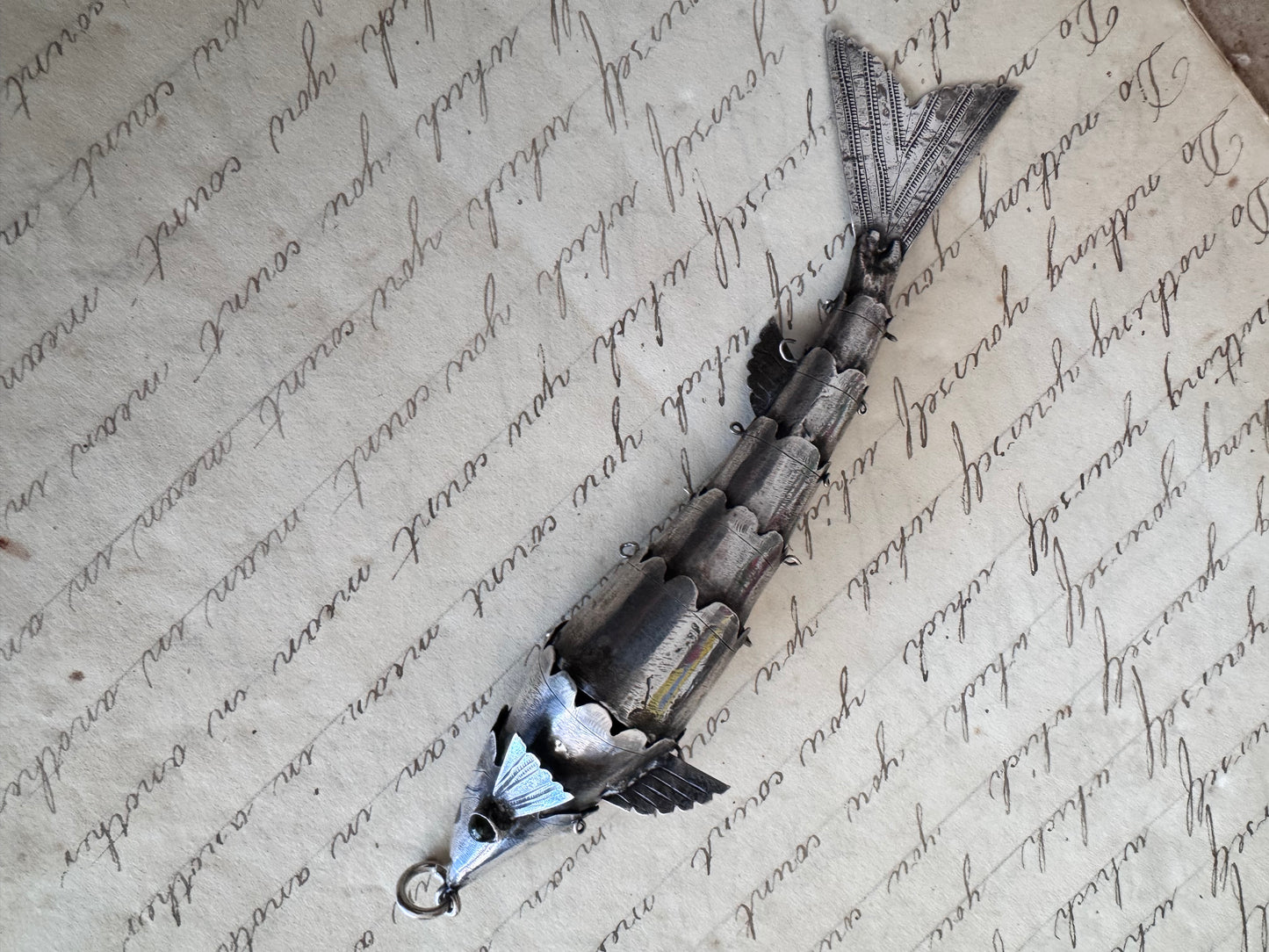 HUGE Antique Silver Articulated Fish B
