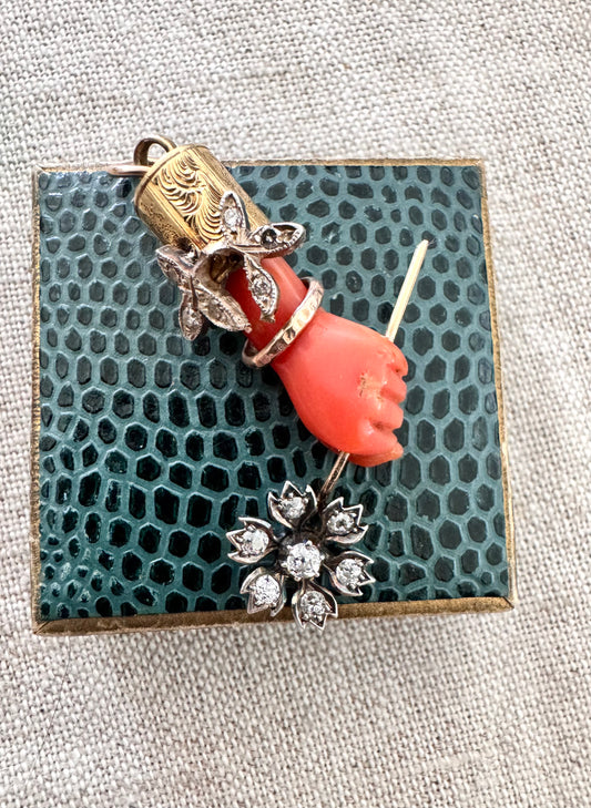 Antique Coral Hand with Diamond Flower
