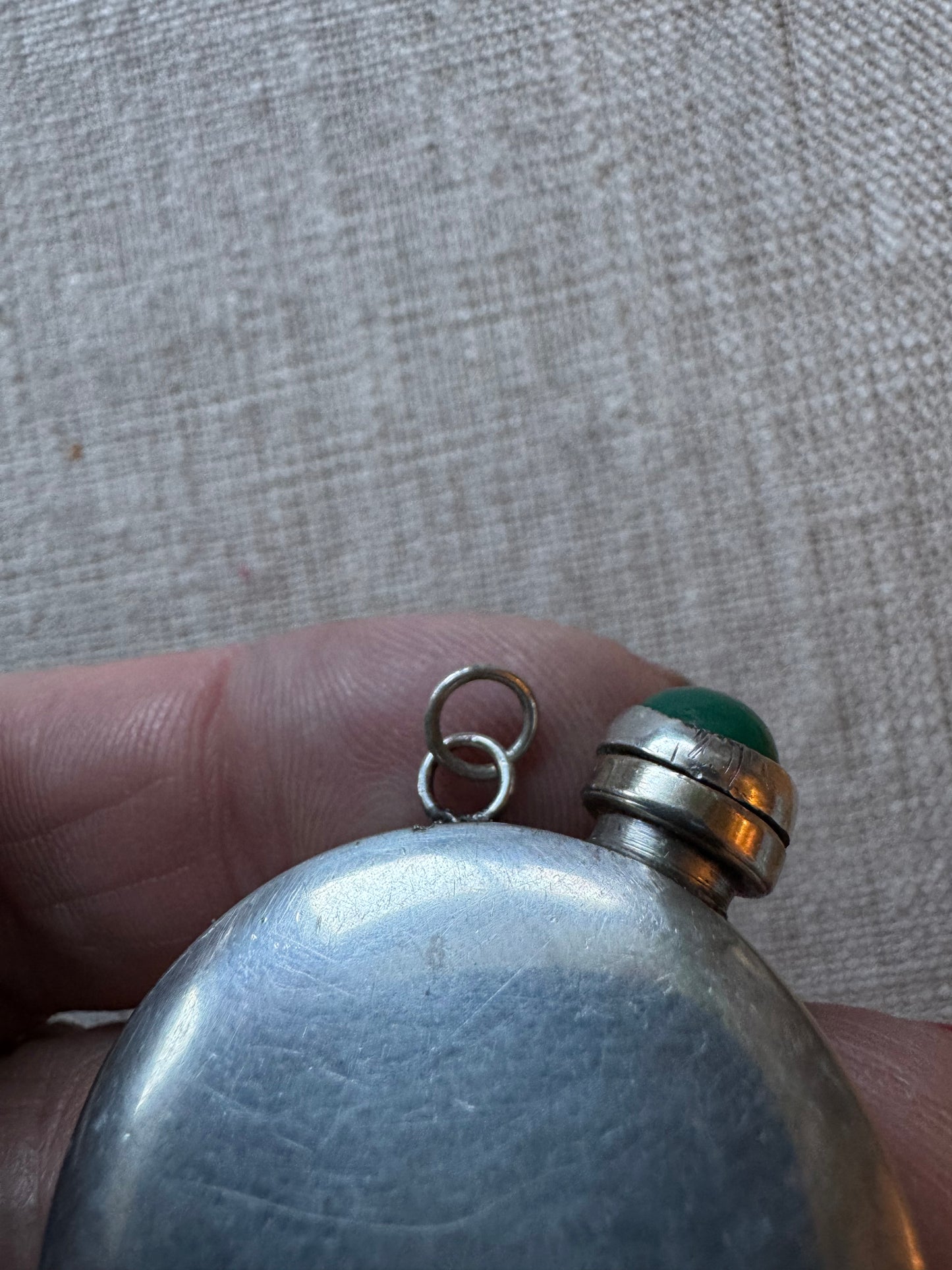 Beautiful Simple Sterling Perfume Bottle with Green Round Shaped Cabochon Stone in Lid