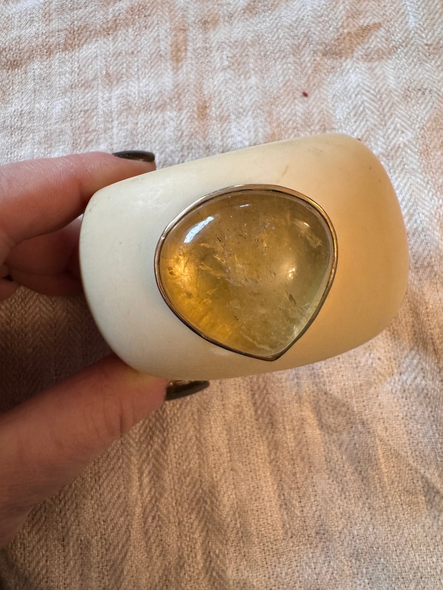 Ivory Colored Resin Cuff with Huge Citrine Cabochon