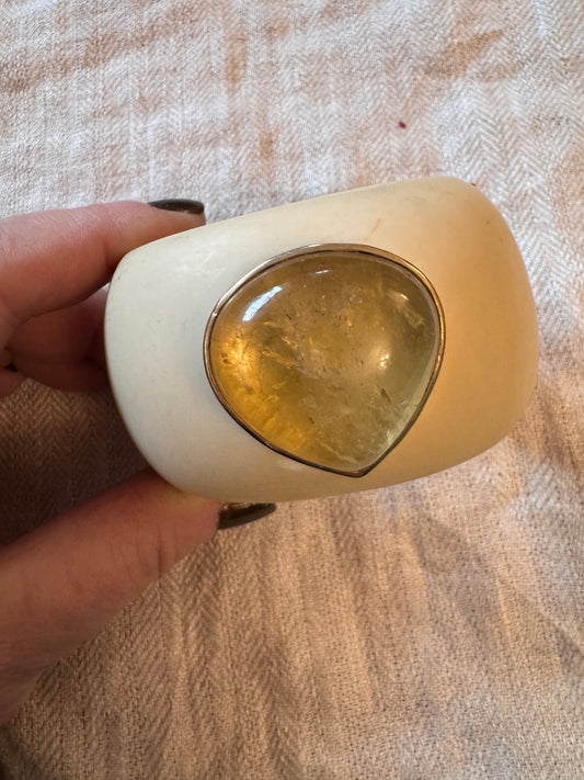 Ivory Colored Resin Cuff with Huge Citrine Cabochon