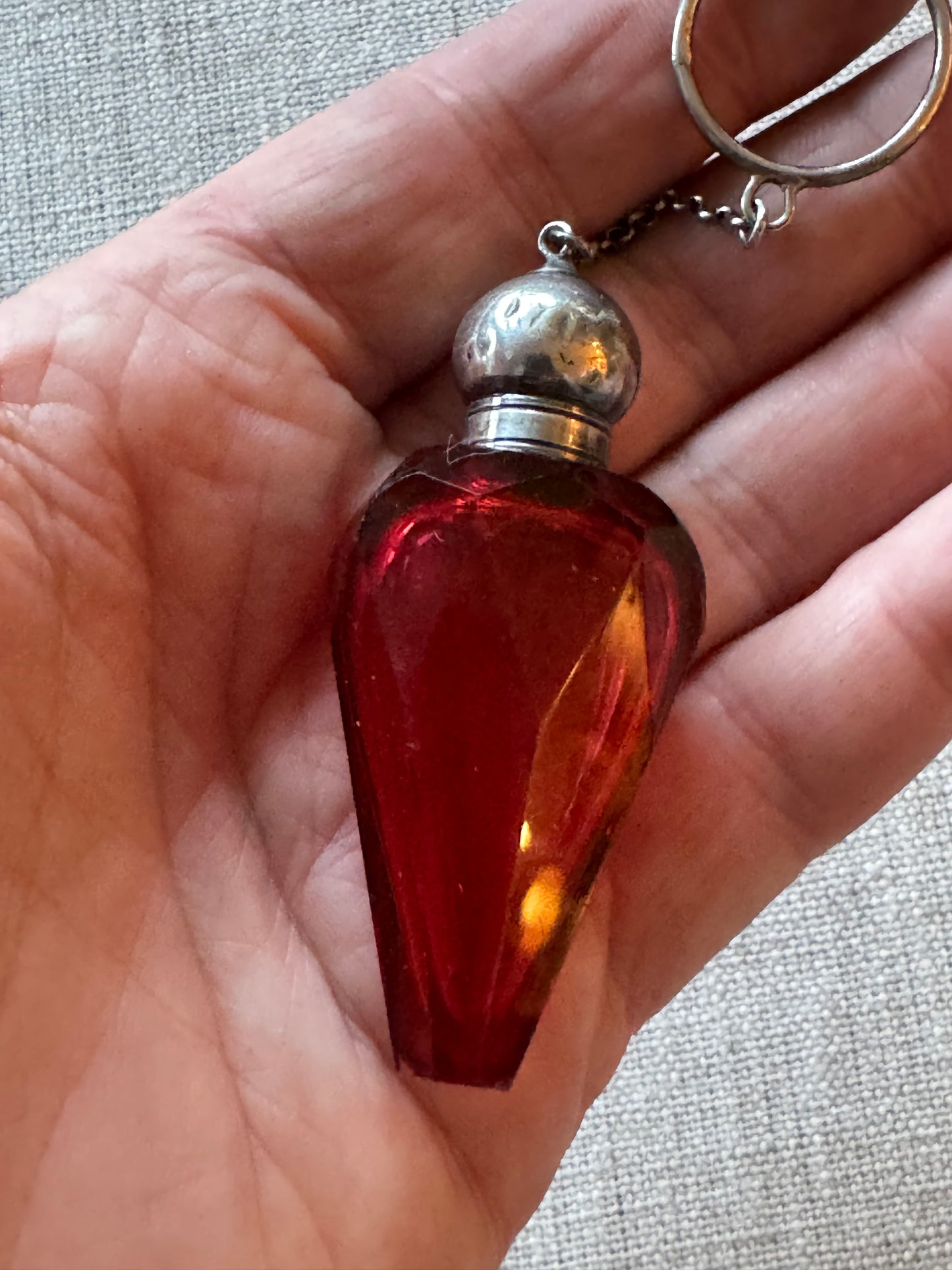Exquisite Cranberry Glass and Sterling Perfume Bottle