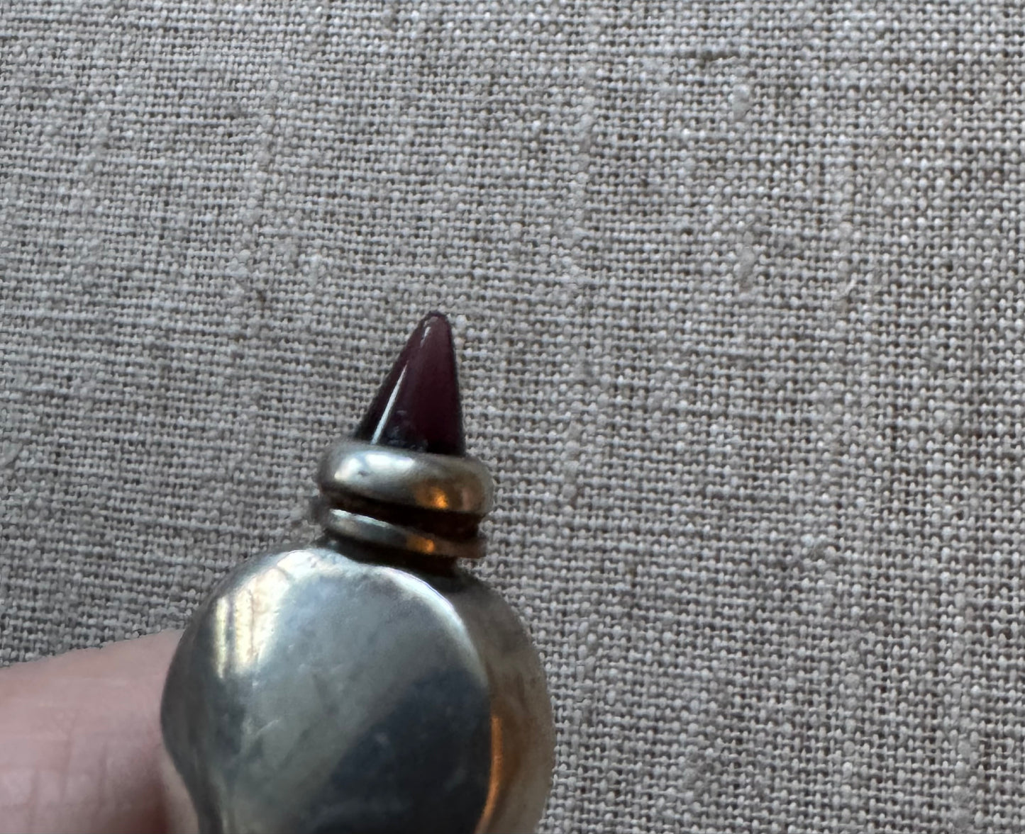 Amazing Simple Sterling Hourglass Shaped Perfume Bottle with Purple Bullet Shaped CabochonStone in Lid