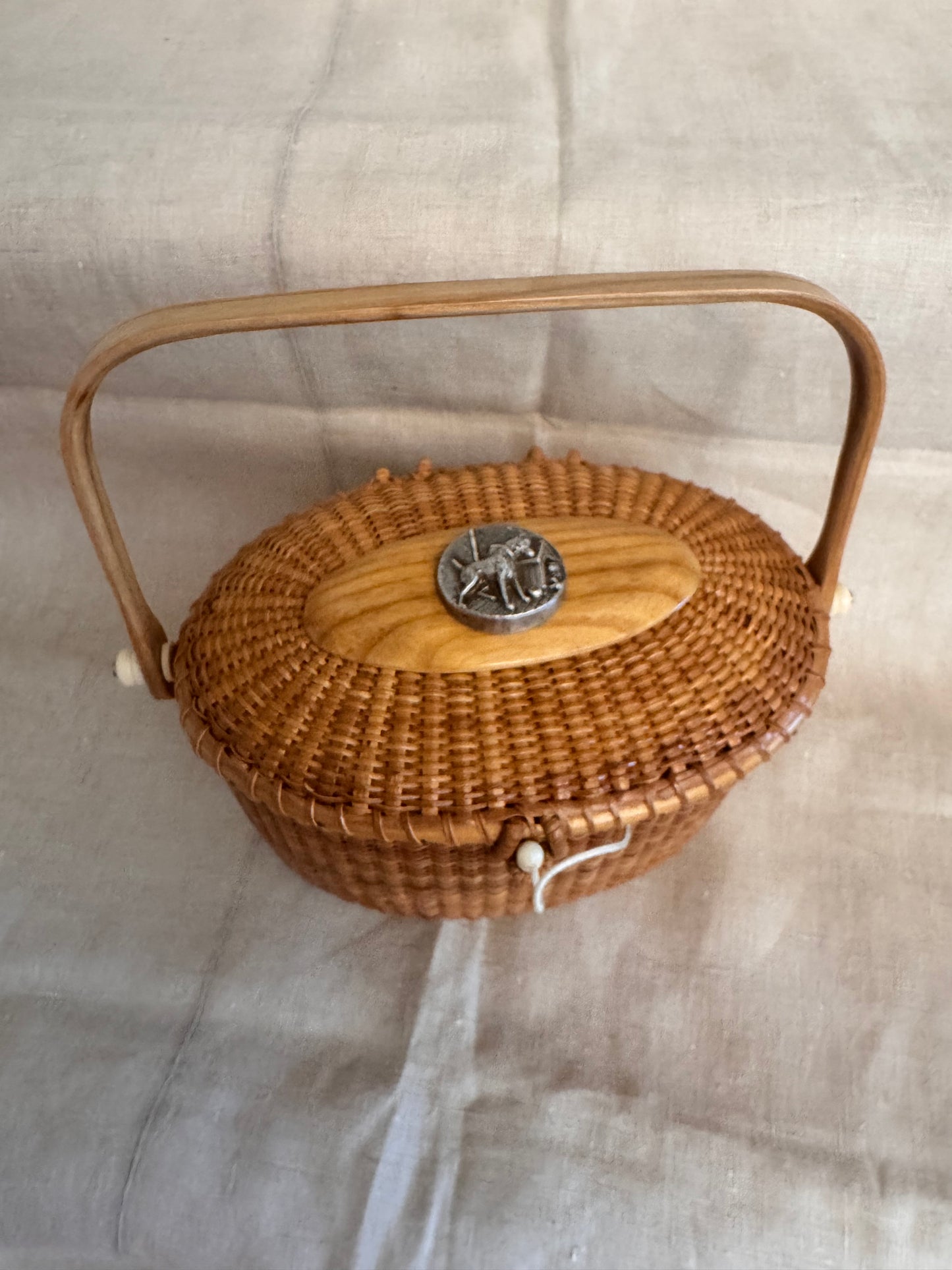 Large Oval Nantucket Basket with Amazing Silver Plated Victorian Dog