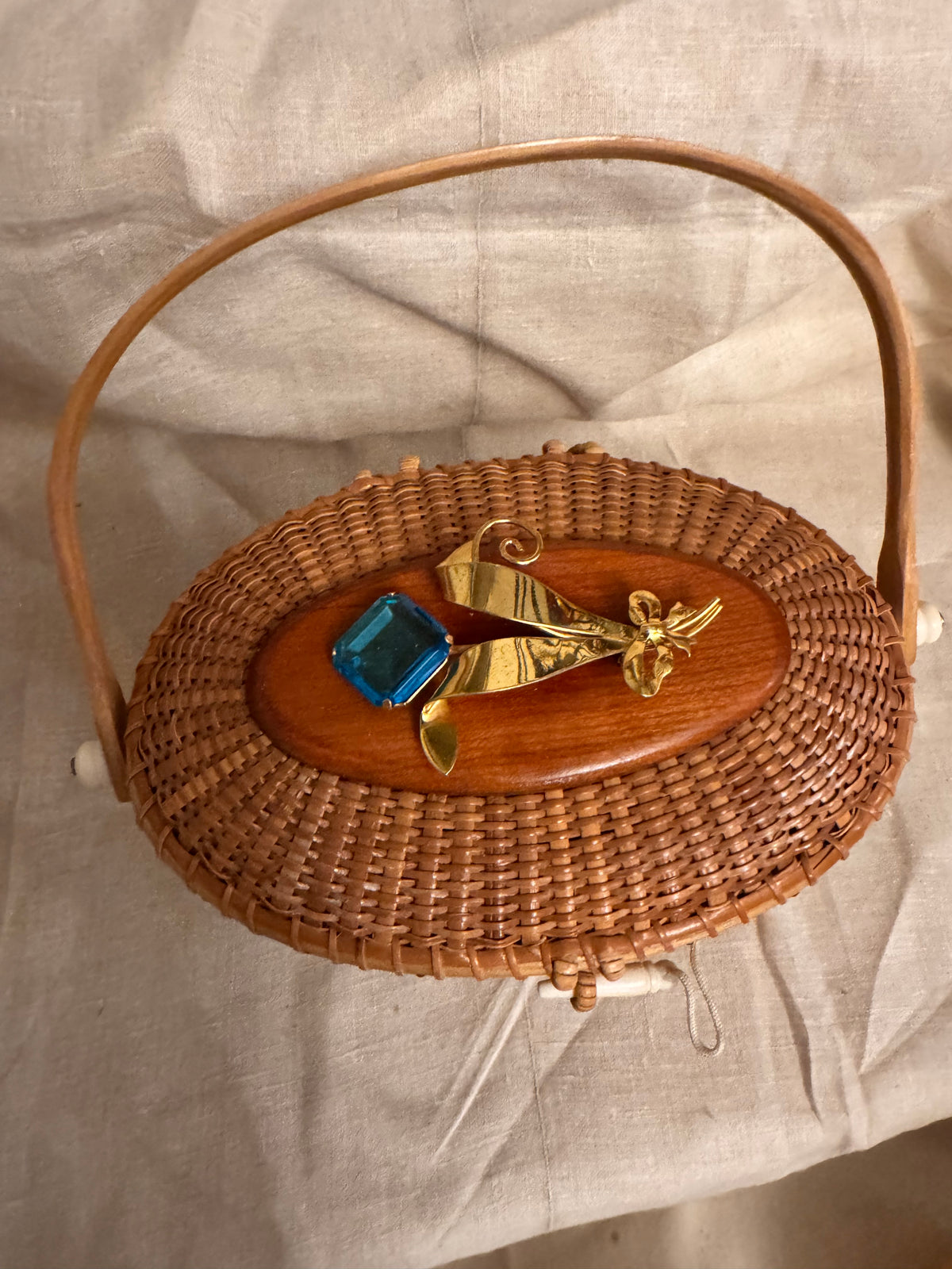Large Oval Nantucket Basket with Vintage Sterling and 14k Gold Plated Pin with Blue Glass Stone