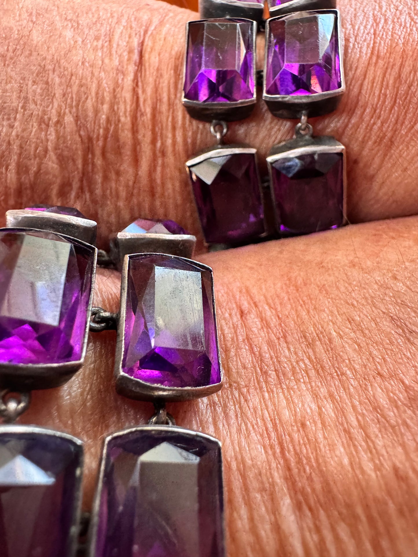 Two Deco Amethyst Glass and Sterling Bracelets