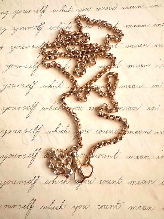 Heavy Antique Rolled Gold Long Guard Chain with Miniature Buckle