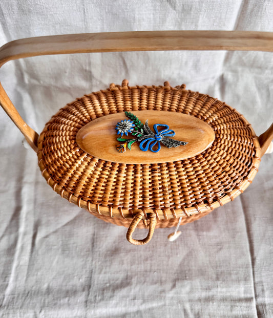 Large Oval Nantucket Basket with Gorgeous Vintage Sterling and Marcasite Pin