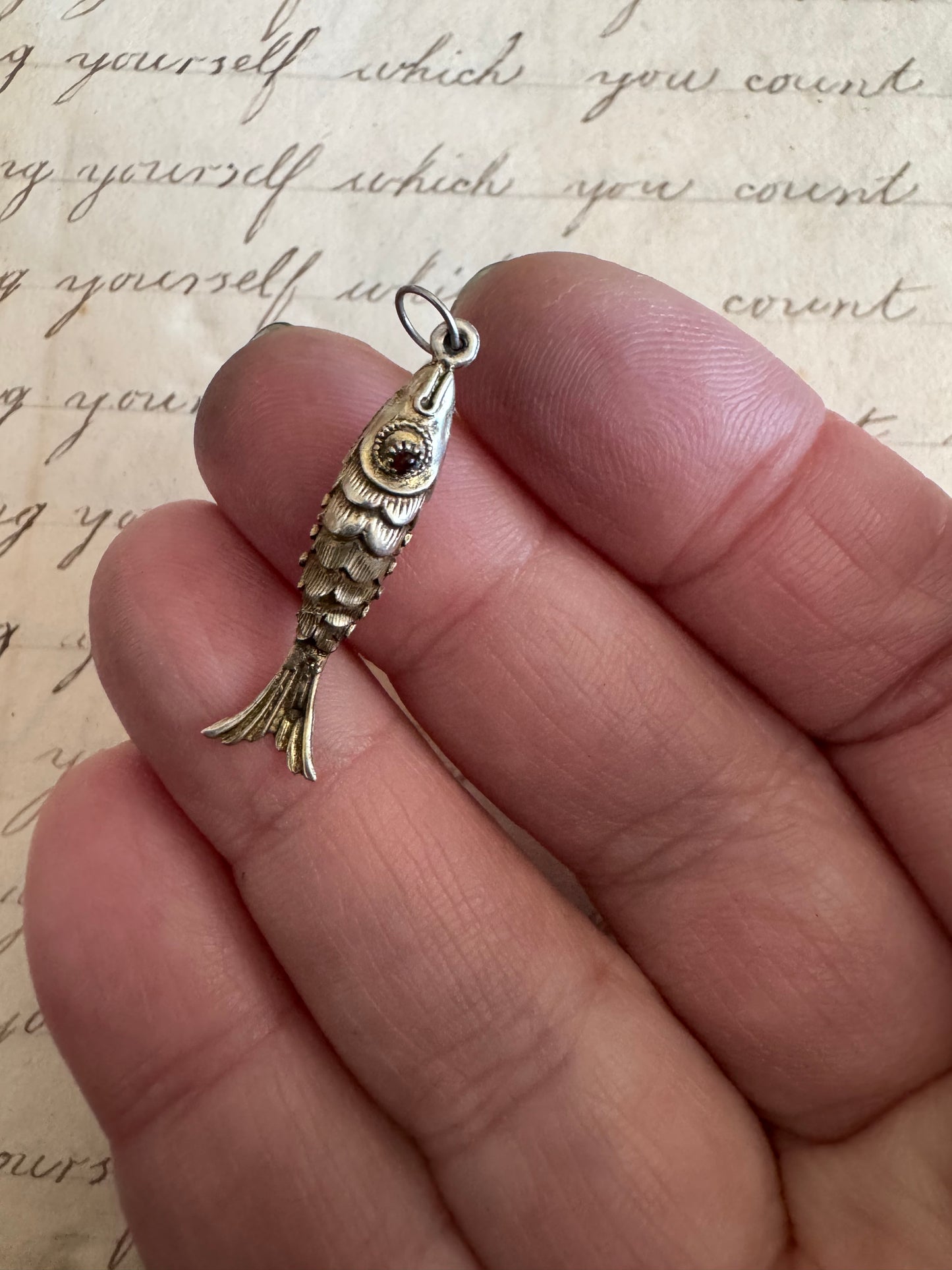 TINY Vintage sterling Silver Articulated Fish J
