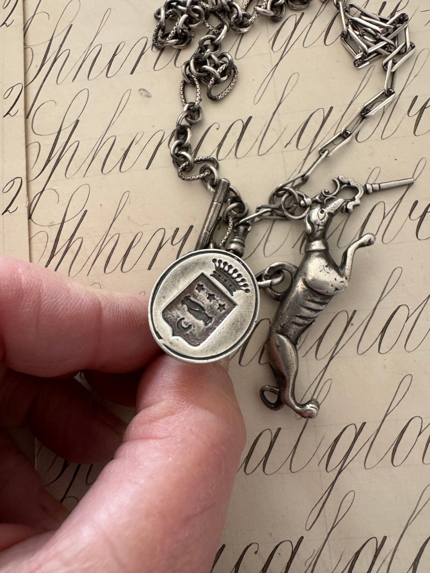 Sterling Silver Watch Chain with Dog and Seal