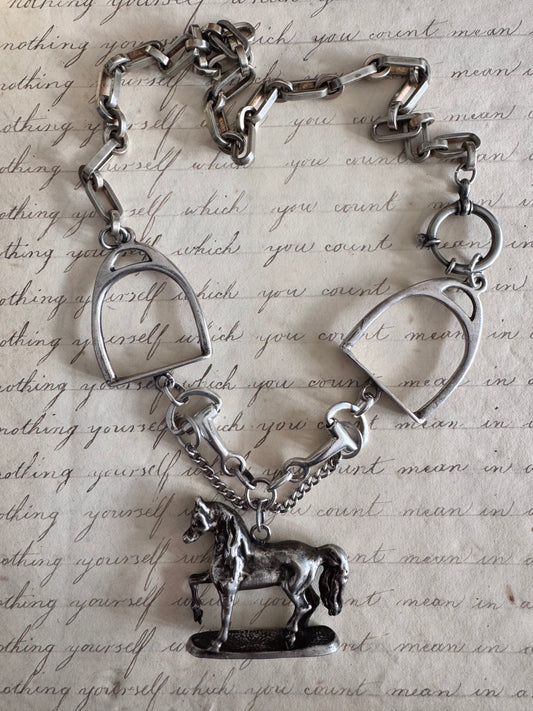 Silver Equestrian Necklace with Horse and Tack