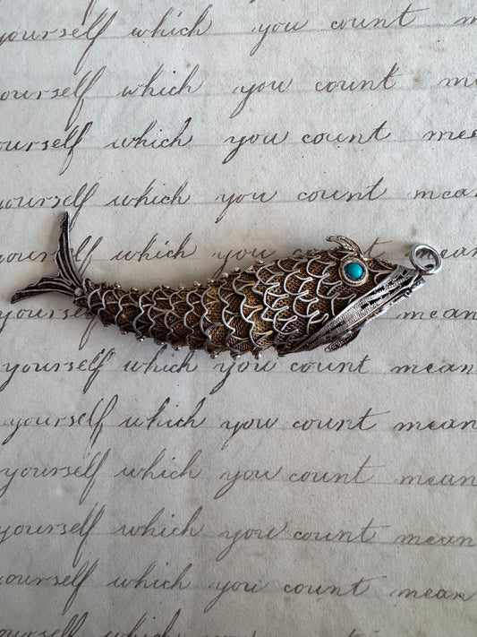 LARGE Antique Chinese Filigree Silver Articulated Fish C