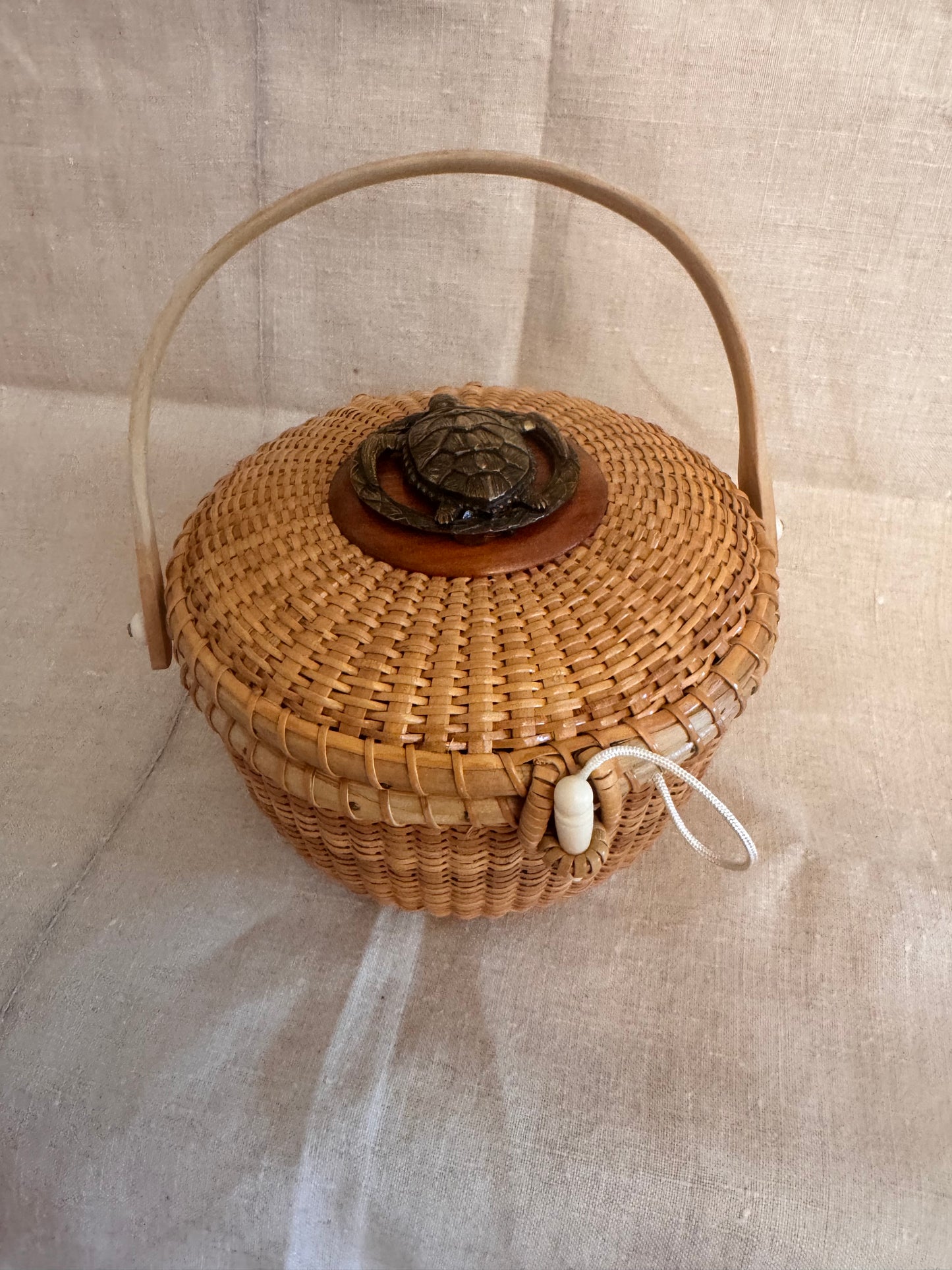 Medium Round Basket with Wonderful Vintage Bronze Turtle