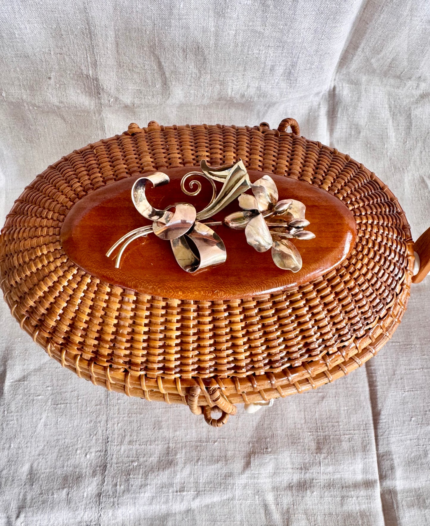 Large Oval Nantucket Basket with Vintage Carl Art Sterling and Gold Filled Lilly Pin
