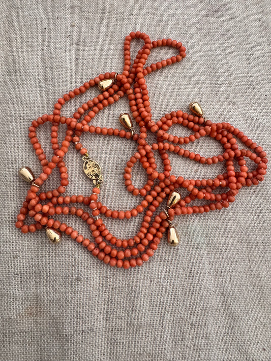 120” Long Coral + 14k Gold Necklace