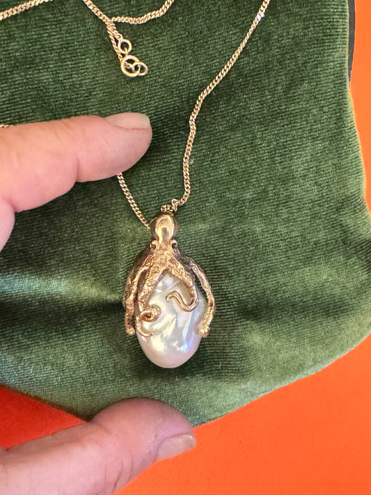 Giant Gold Octopus and Pearl Pendant