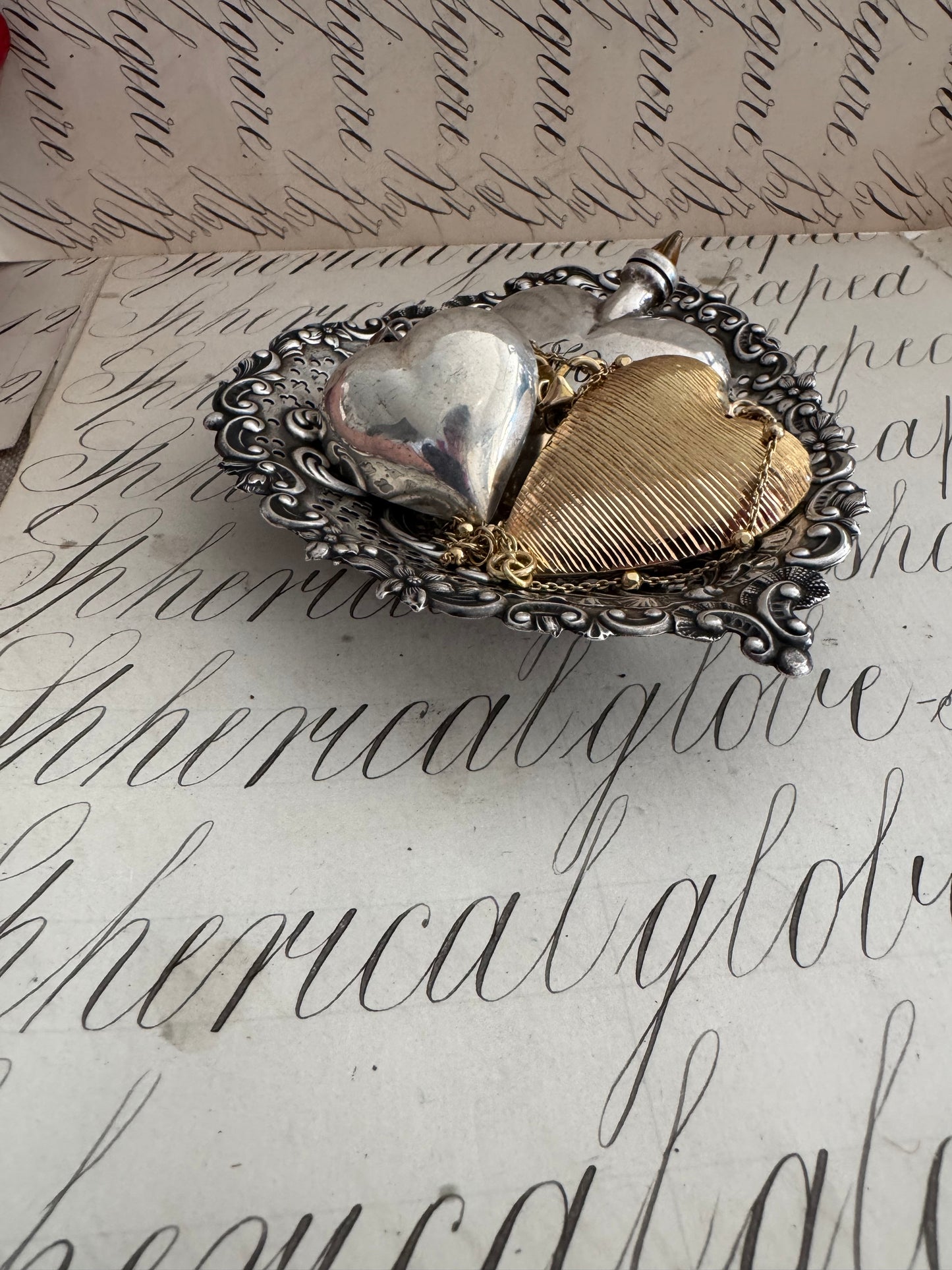 Exquisite antique Gorham Sterling Heart trinket dish