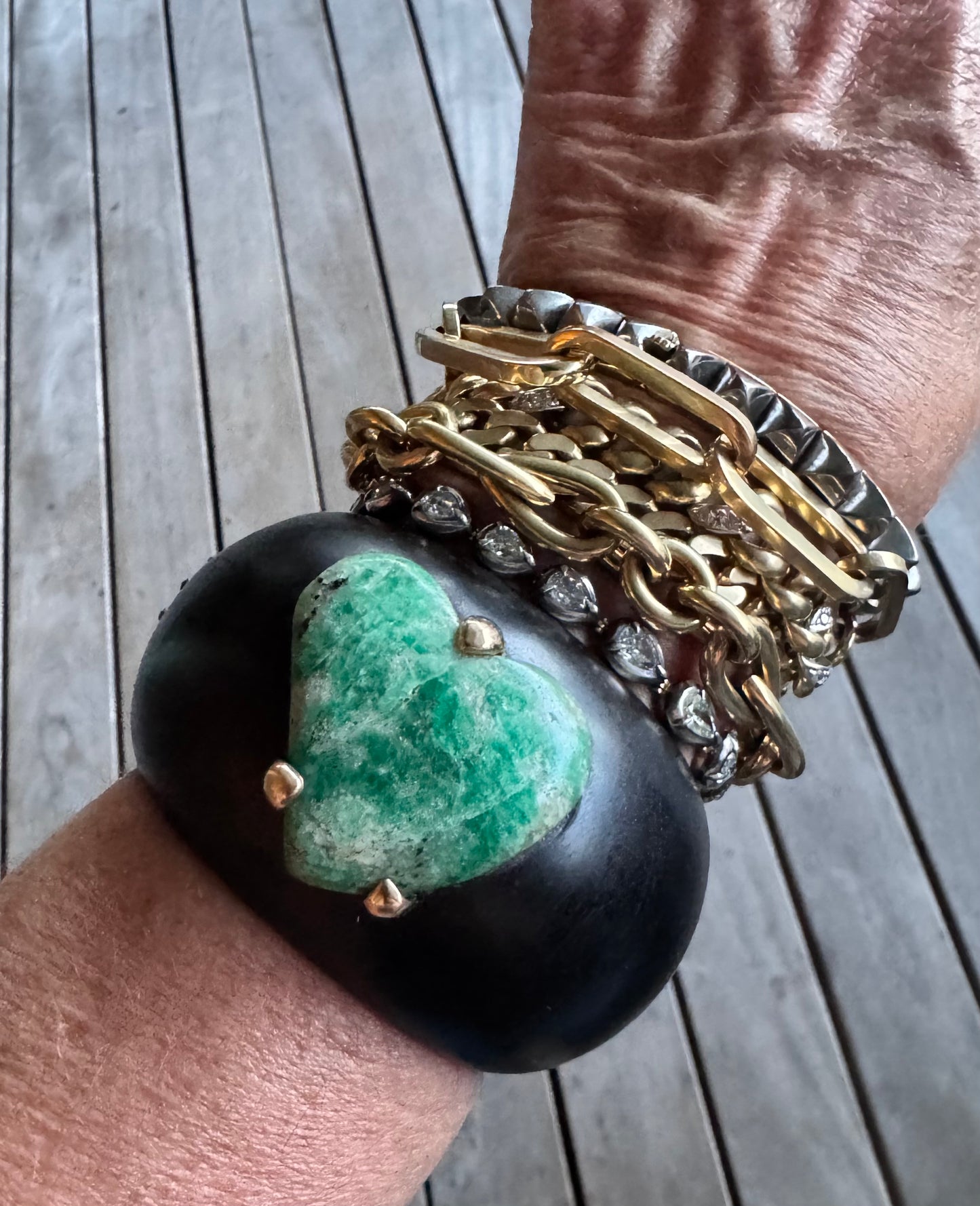 JKC Ebony Cuff with Large Emerald Heart