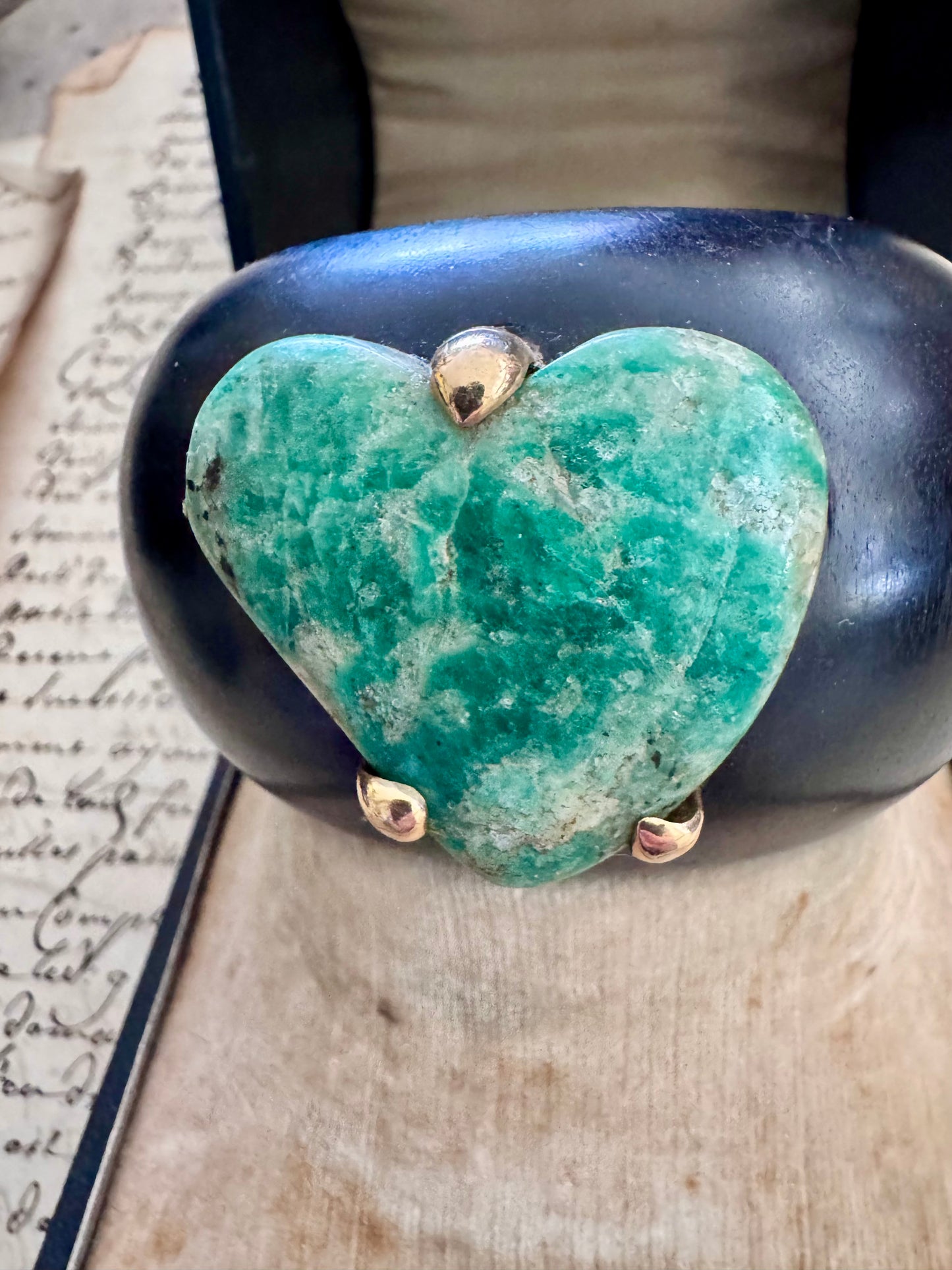 JKC Ebony Cuff with Large Emerald Heart