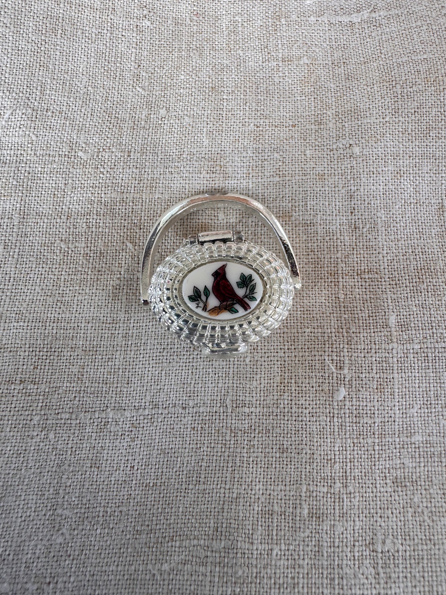 Miniature Silver Plated Nantucket Basket with Cardinal