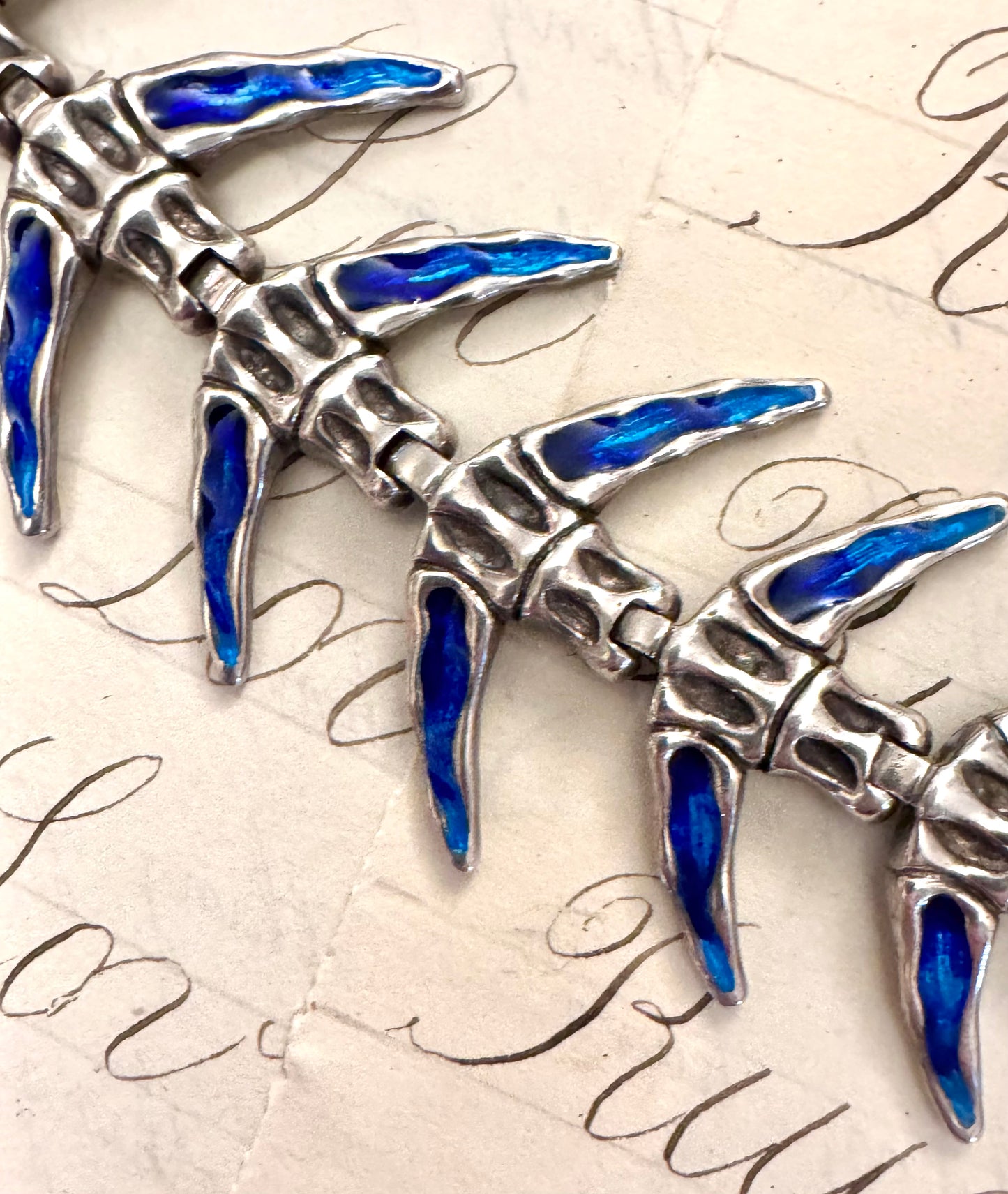 Spectacular Sterling and Enamel Fish Bone Bracelet