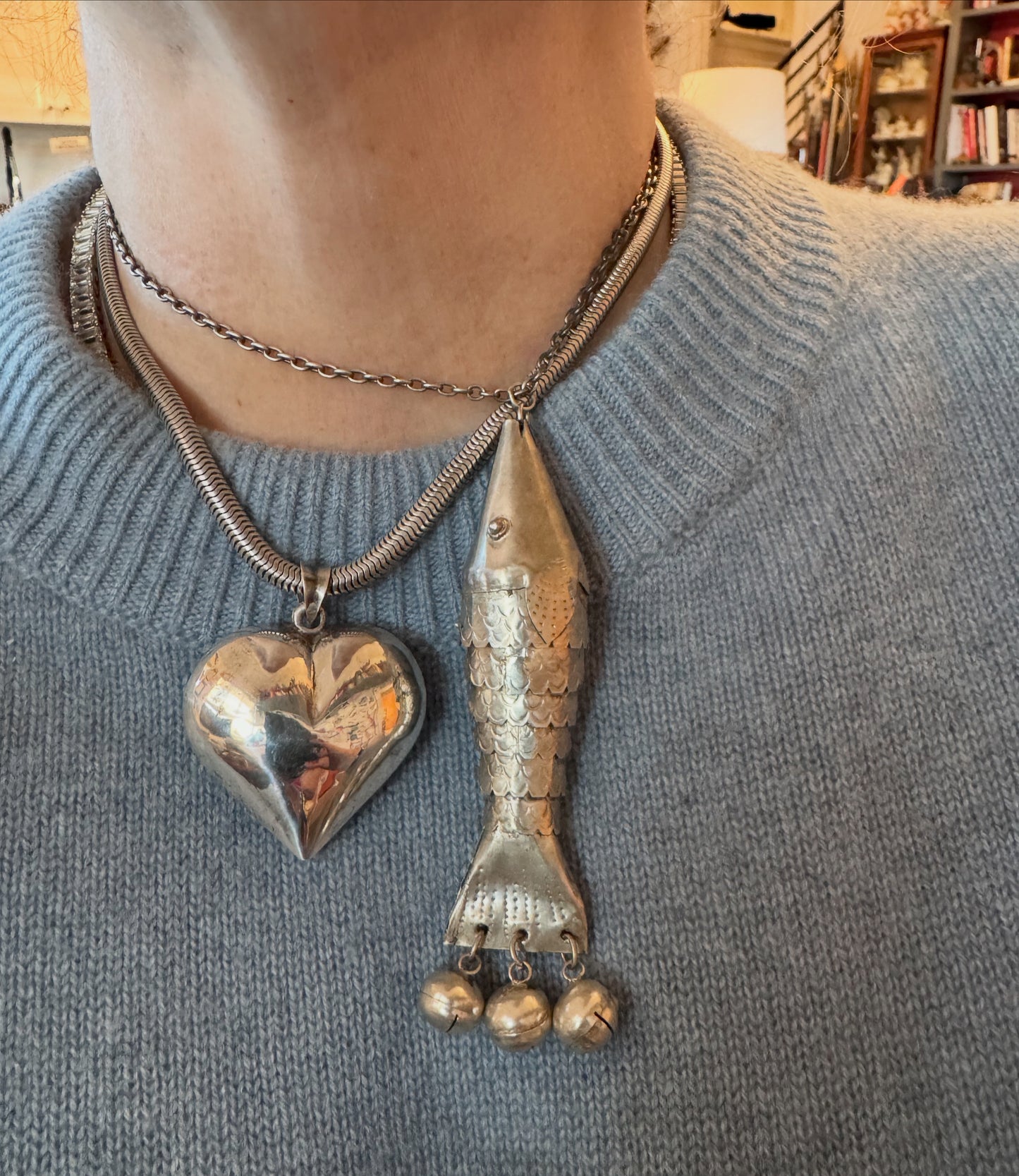Huge Antique Primitive Silver Articulated Fish Pendant