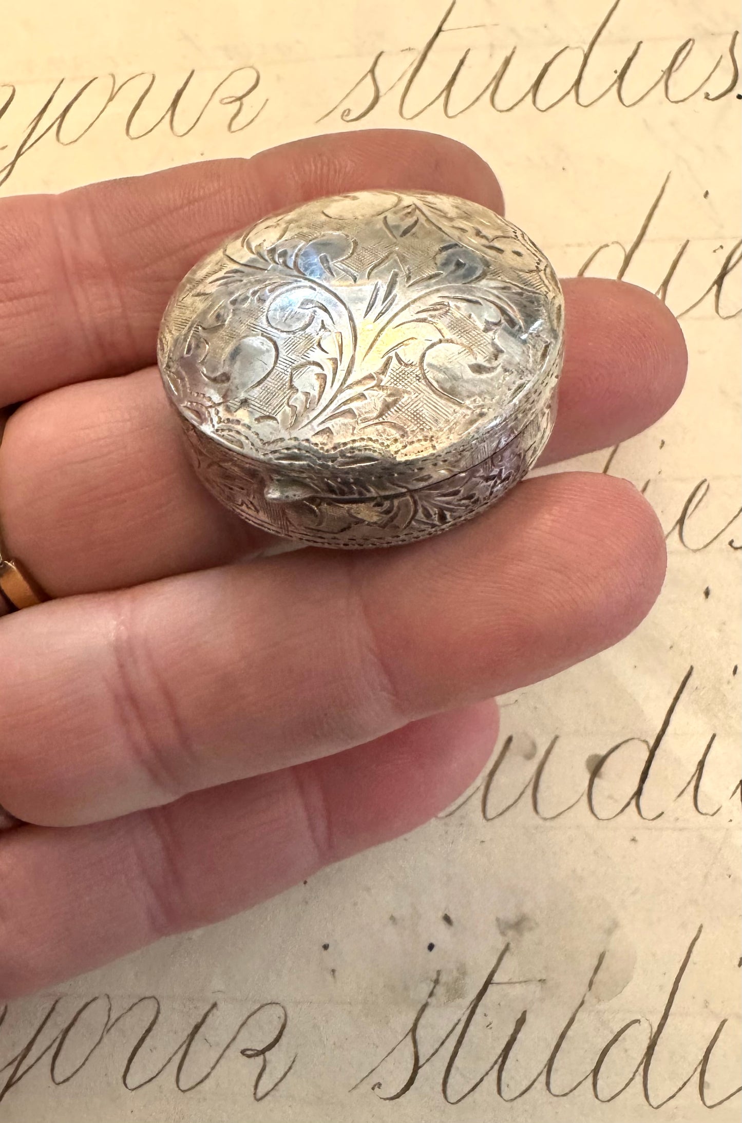 Sweet Fully Engraved Sterling Pillbox or Ring Box