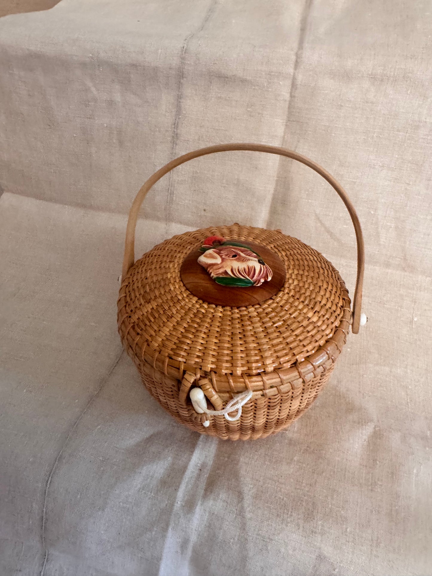 Medium Round Basket with Rare Celluloid Scotty Wearing a Jaunty Hat
