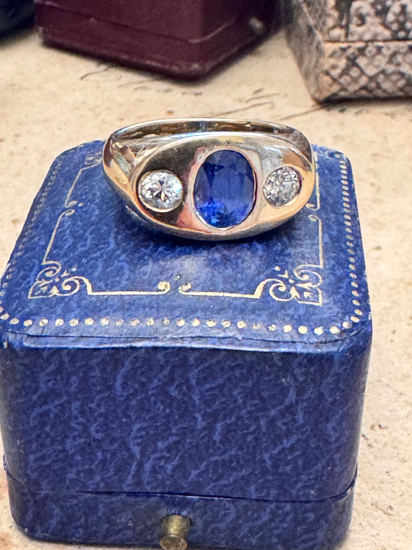 Vintage 18k Sapphire and Diamond Gypsy Ring with Flat Top