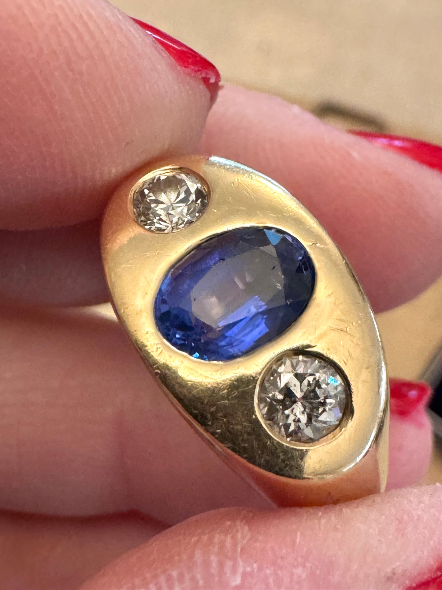 Vintage 18k Sapphire and Diamond Gypsy Ring with Flat Top
