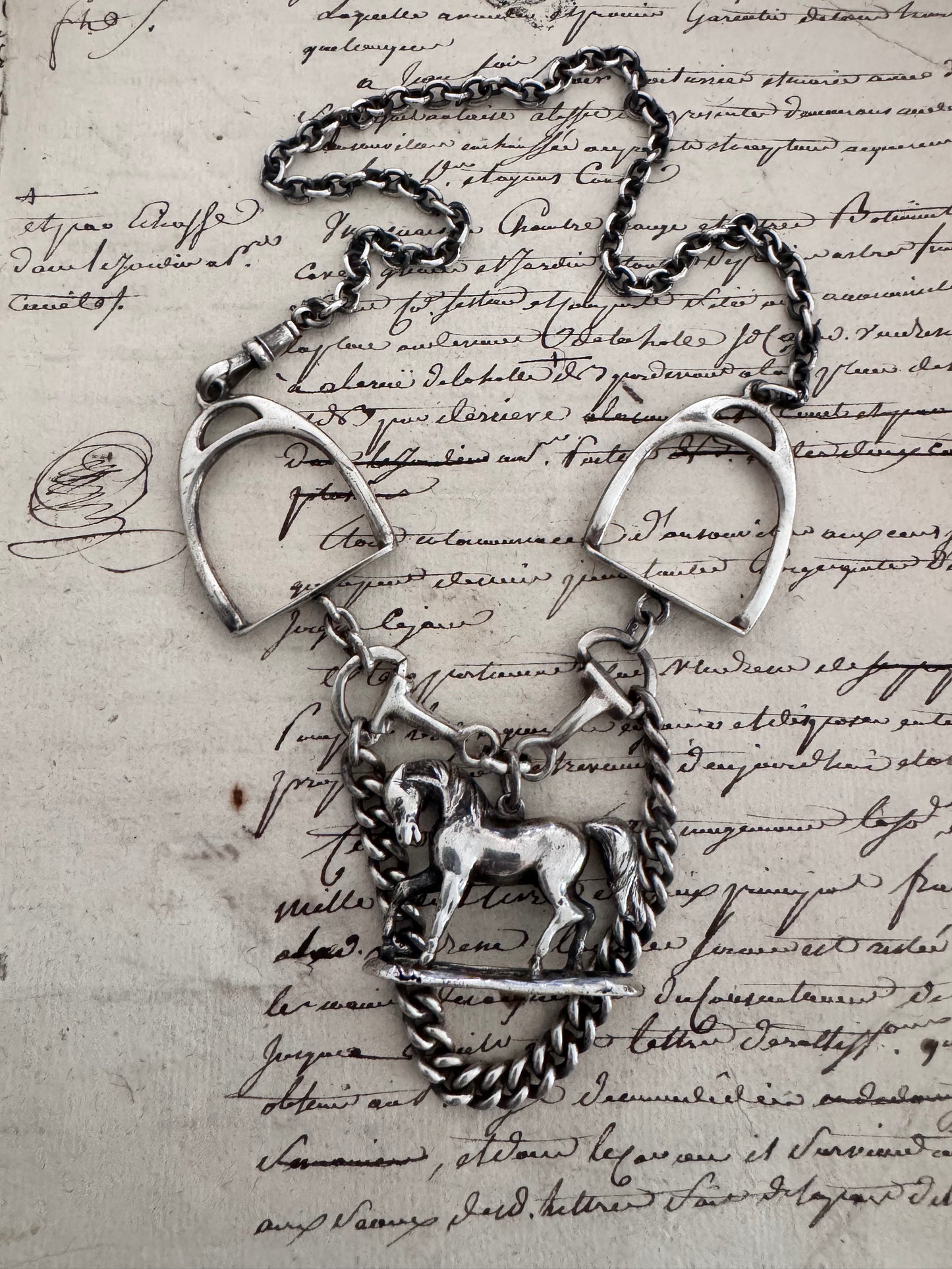 Silver Equestrian Necklace with Horse and Tack