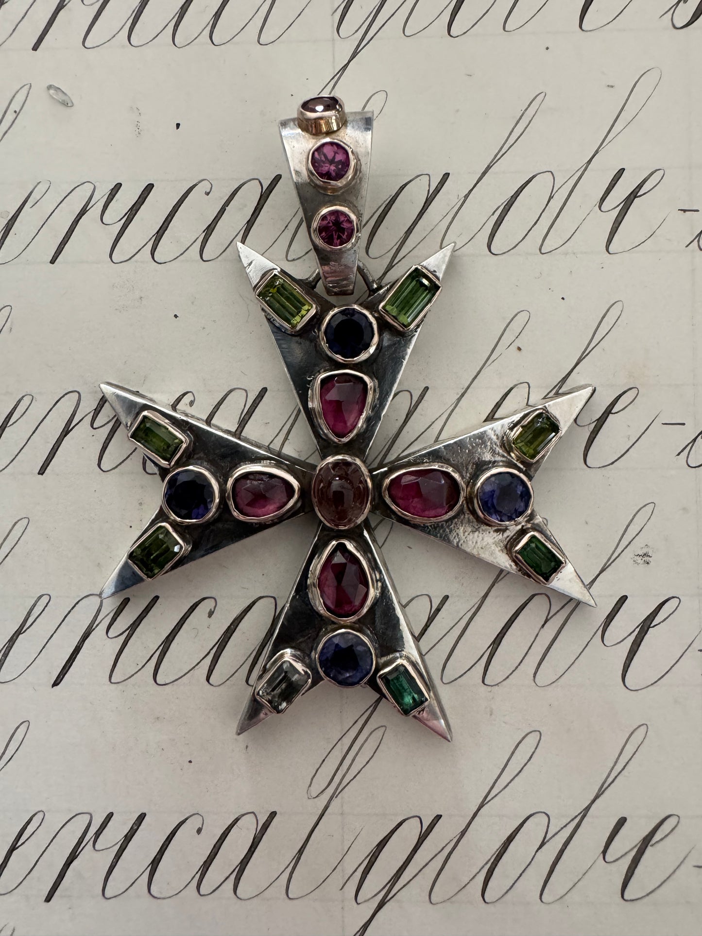 Gorgeous Vintage Sterling and 14k Gold Maltese Cross with Tourmalines