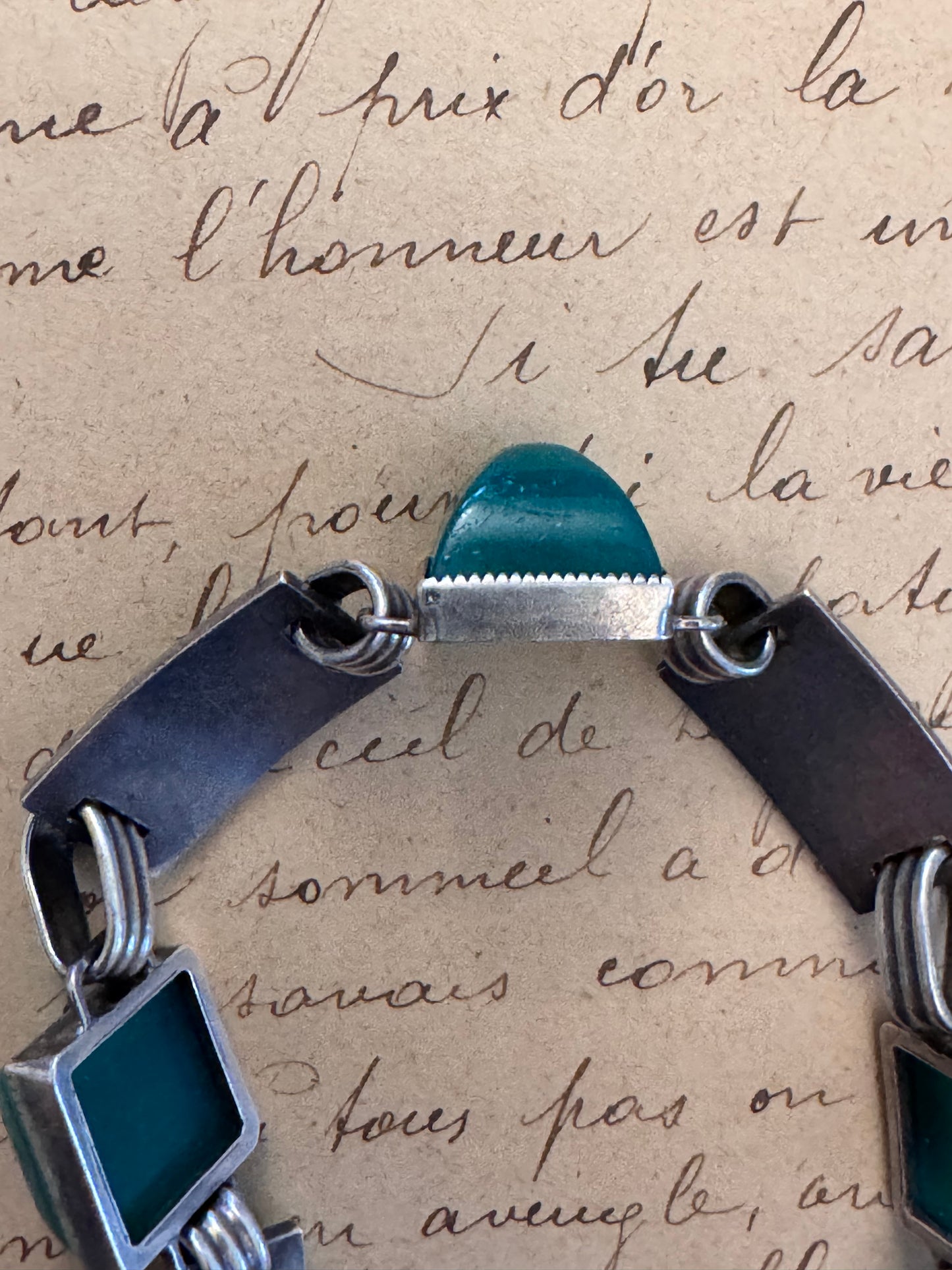 Sterling Deco Opaque Green Glass and Enamel Bracelet