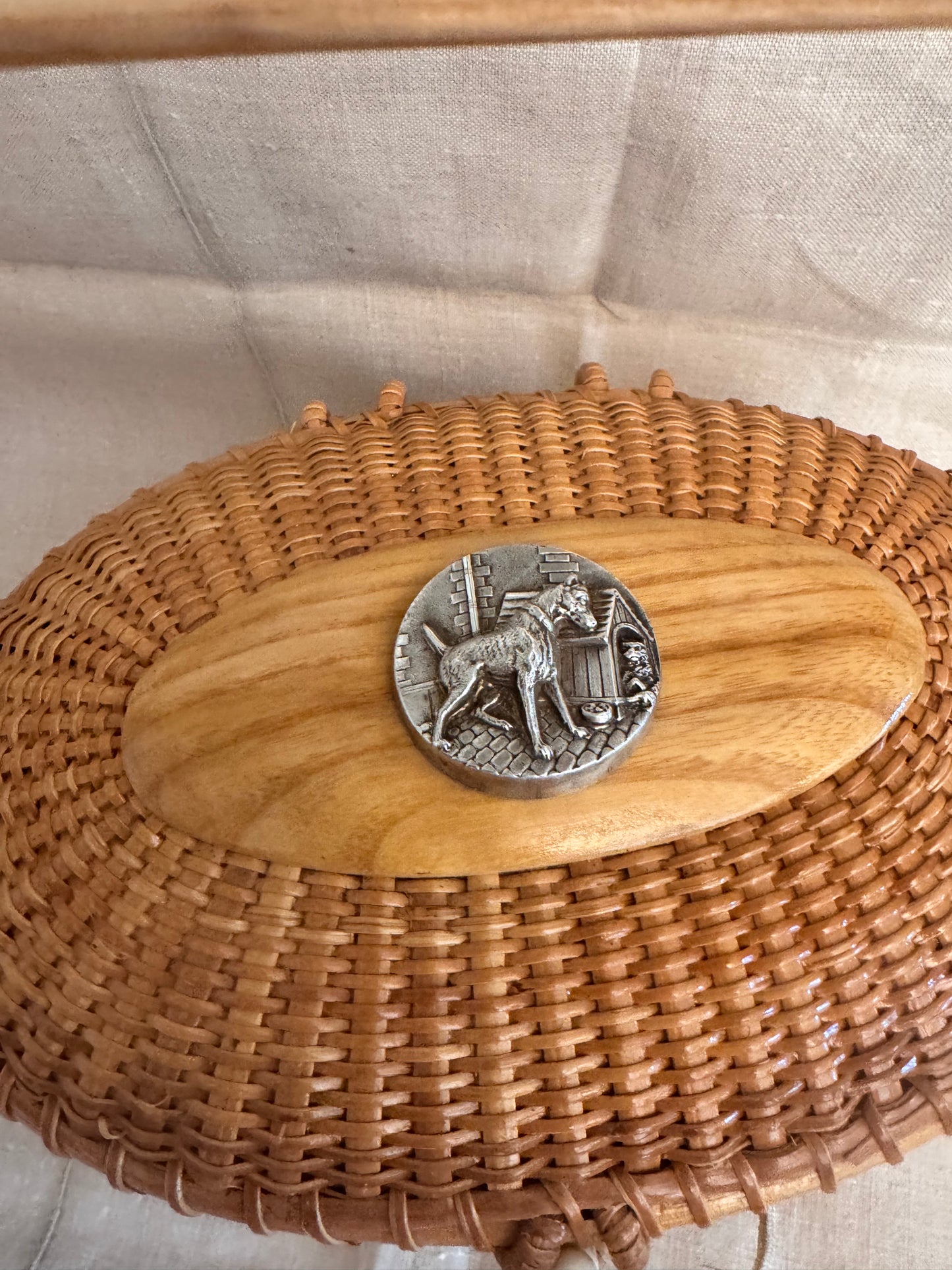 Large Oval Nantucket Basket with Amazing Silver Plated Victorian Dog