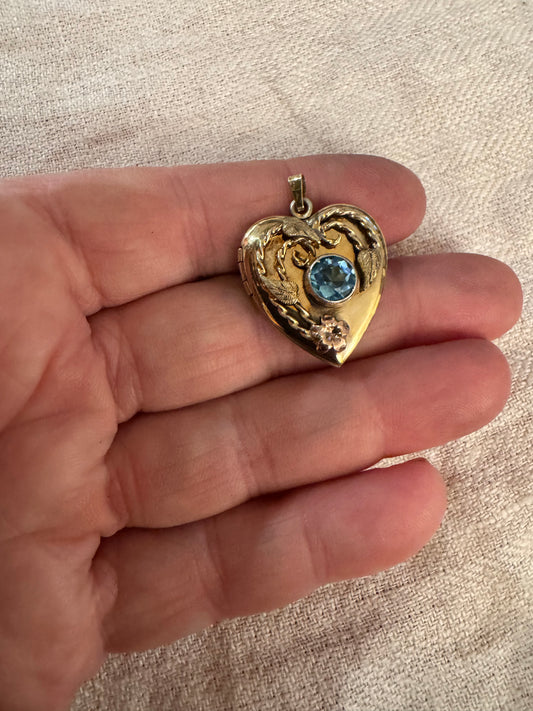 Pretty Gold Filled Locket with Blue Paste Stone
