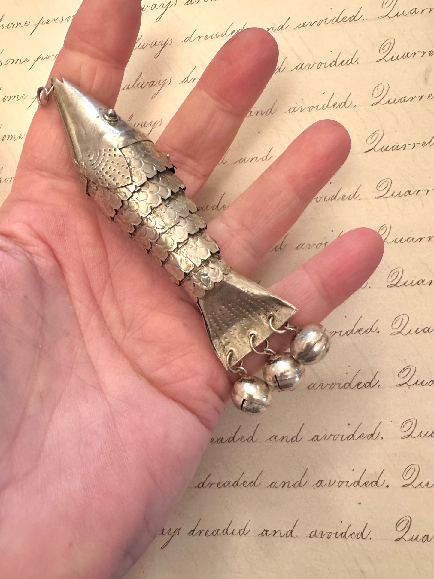 Huge Antique Primitive Silver Articulated Fish Pendant